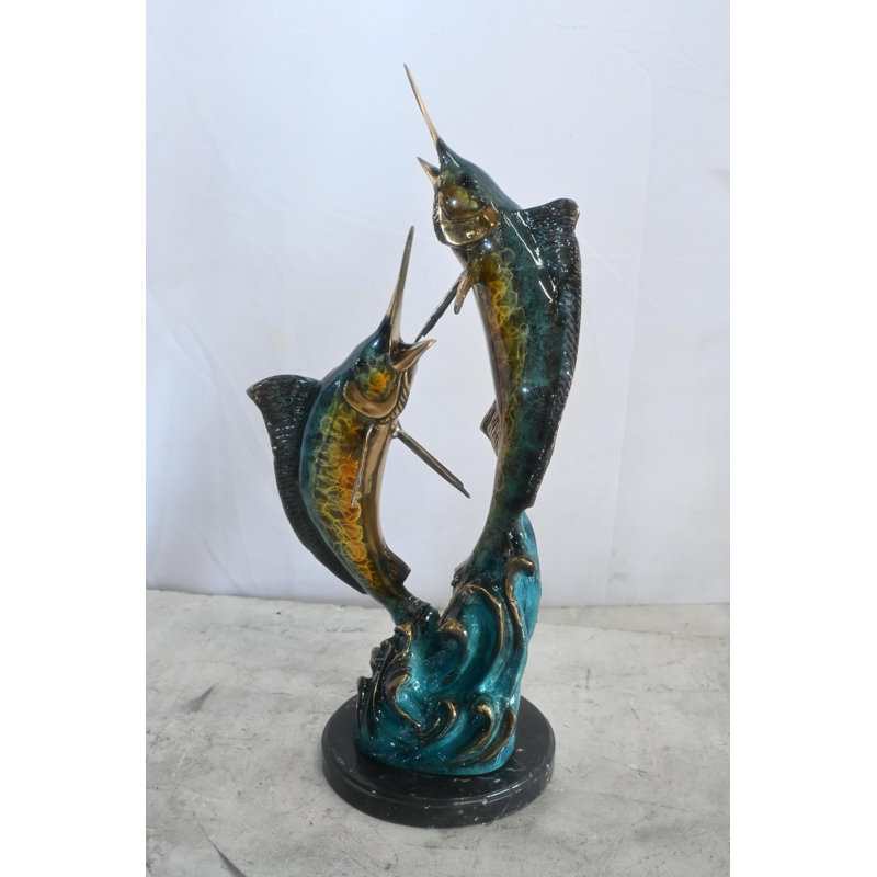 Sculpture de deux poissons Marlin en forme de vagues de mer 9 po x 9 po x 23 po