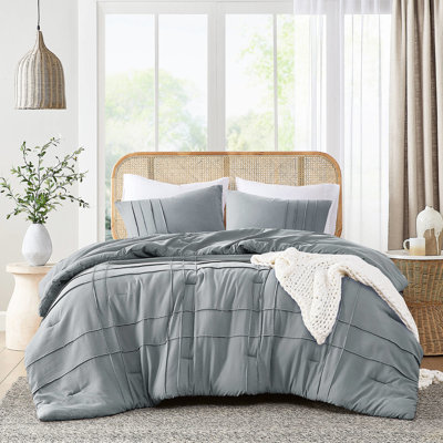 Twin/Twin Xl Soft Washed Comforter With Matching Shams, Refined Pinch Pleats, Year-Round Use, Machine Washable Microfiber, Stylish Grid Pattern, Overlapping Sham, Easy Care