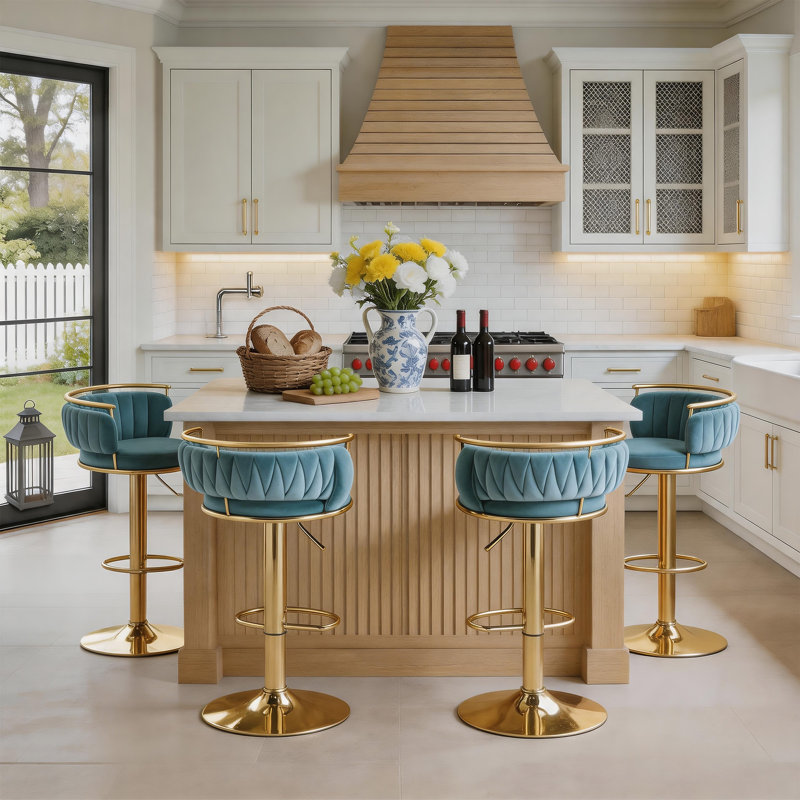 Christal Swivel Adjustable Height Bar Stool, Blue, Gold 