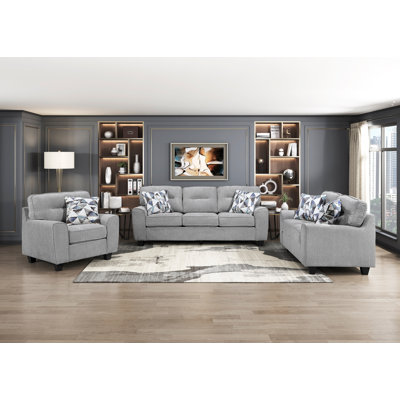 Ensemble de canapé-lit contemporain contemporain 3 pièces avec canapé et causeuse gris en chenille durable et coussins décoratifs en bois