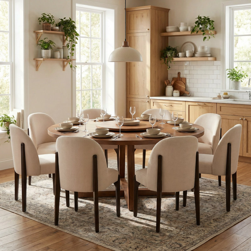 Ensemble de 8 chaises de salle à manger en bois Ahn, chaise de salle à manger rembourrée en tissu moderne, 8, Beige