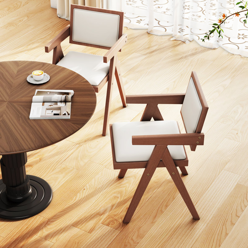 Walnut Dining Chair, White Faux Leather, Set Of 2