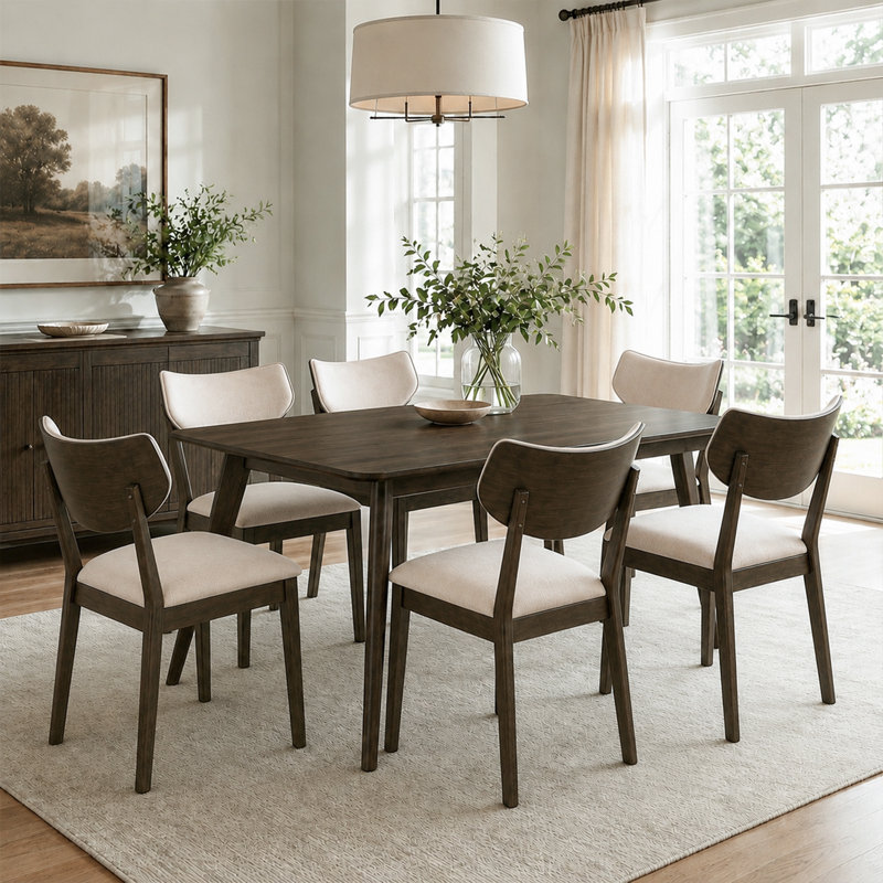 Ensemble de salle à manger 7 pièces de style Mid-Century moderne, table rectangulaire avec 6 chaises rembourrées beiges, finition noyer foncé