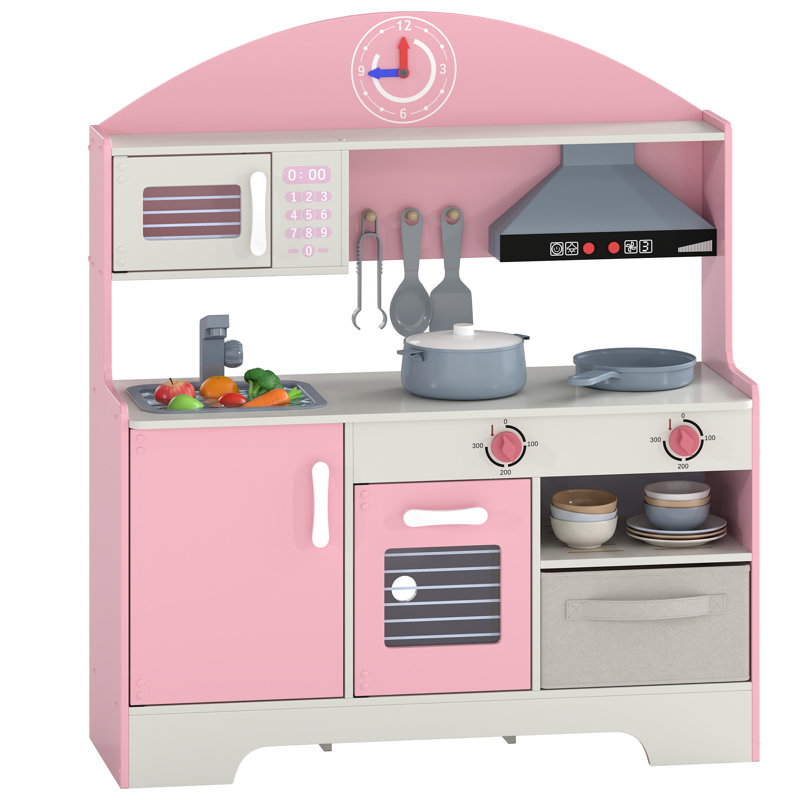 AIYAPLAY Kids Play Kitchen with Lights & Sounds, Fabric Drawer, Pink