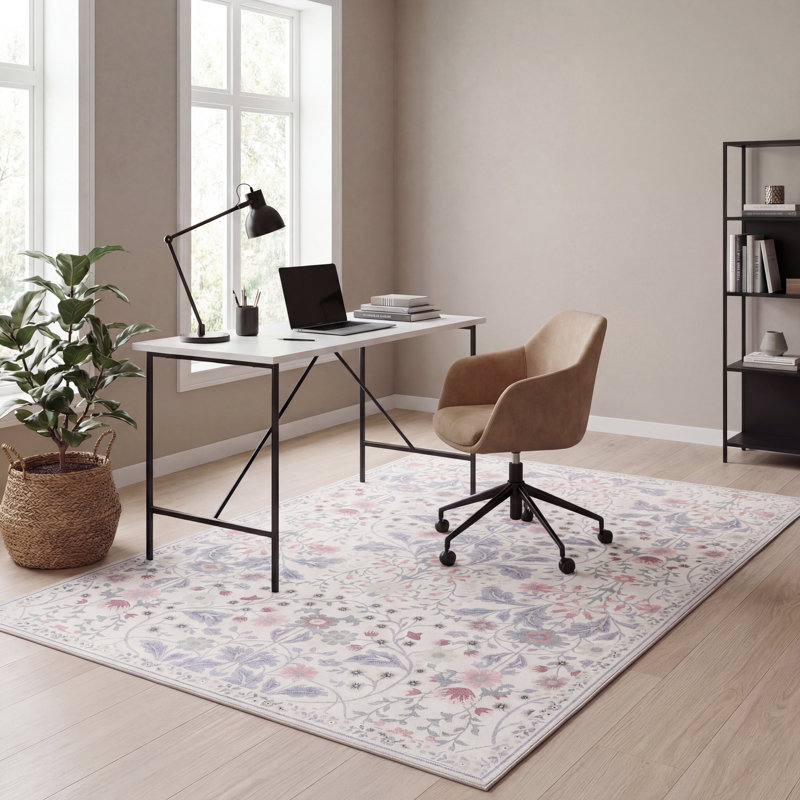 Tapis lavable à la machine Primrose Art Floral, Crème et rose, Rectangle de 5 pi x 8 pi