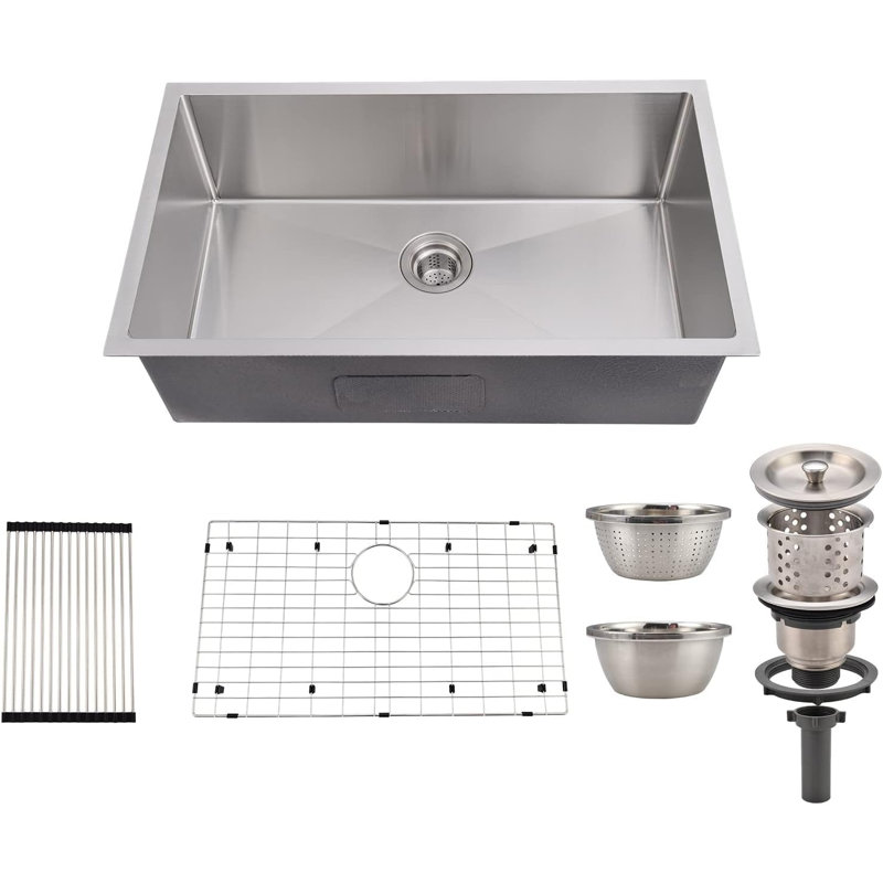 Évier de cuisine encastré à simple cuve encastrée, cuve profonde en acier inoxydable pour le lavage de la cuisine, lavabo autoportant ou mural, évier utilitaire autoportant portatif, ensemble de fond et accessoires inclus