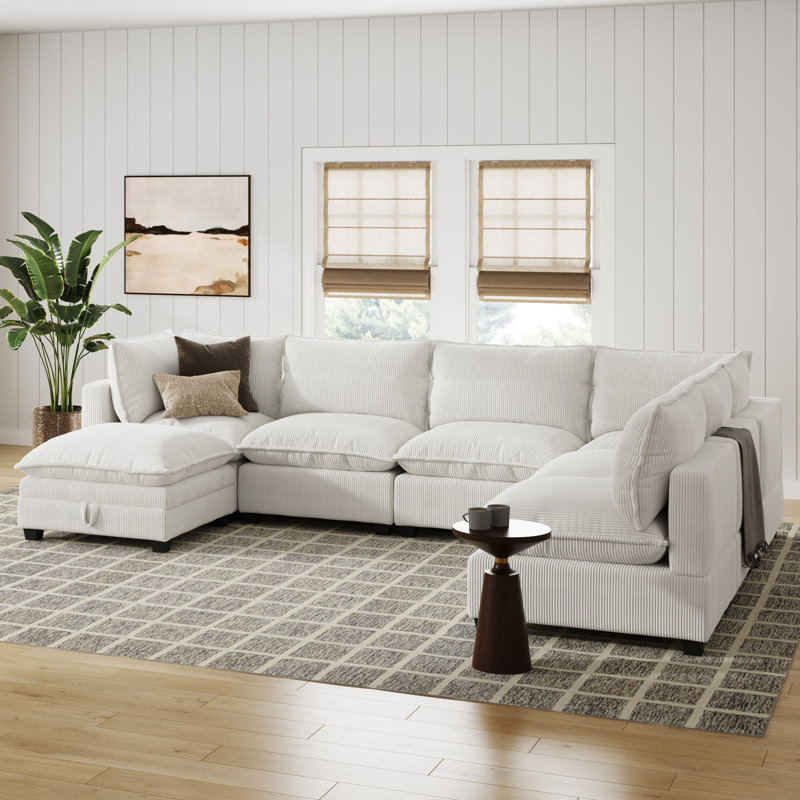 Canapé modulaire sans accoudoirs avec repose-pieds Somerdale, Velours côtelé beige