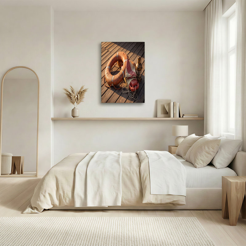 Art mural rétro sur toile en forme de bouée de sauvetage avec lanterne en laiton, 24"H x 36"W