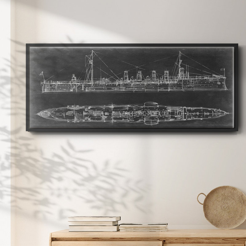 Navy Cruiser Blueprint- Framed Canvas, 12" H x 30" W
