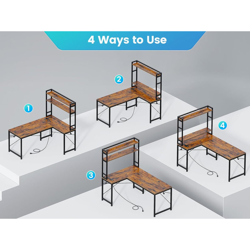 L Shaped Gaming Desk, Reversible 45.3 Small Corner Desk With Power Outlet And Led Lights, Brown/Black