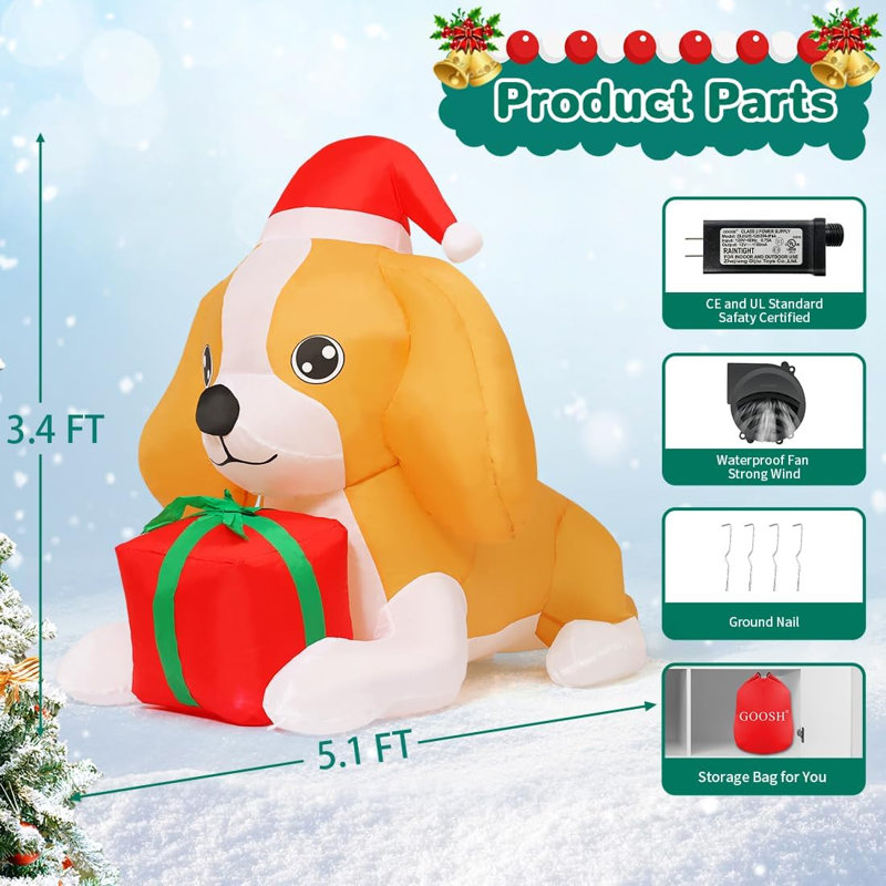 Chien gonflable de Noël illuminé 5 pi portant un chapeau de père Noël - Allongé avec les pattes avant sur la boîte-cadeau