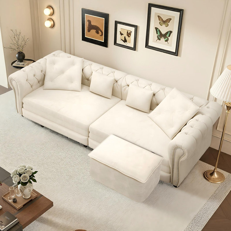 89" Pull-Out Sleeper Sofa Velvet Chesterfield Sofa Convertible Couch Bed, Beige