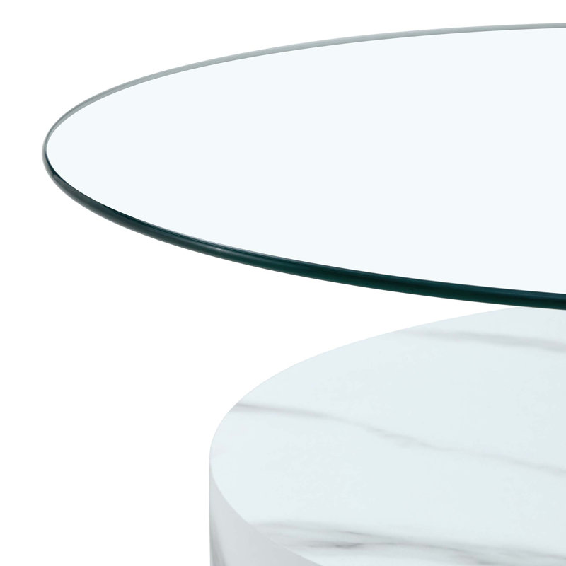 Table basse moderne à double couche avec motif de marbre moderne, design polyvalent, autocollant de panneau de densité, verre renforcé, comptoir ovale