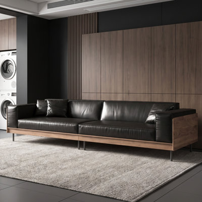 106.3" Mid-Century Modern Faux Leather Sofa with Walnut Wood Trim, Extra Deep 4-Seater Couch with 2 Pillows, Black