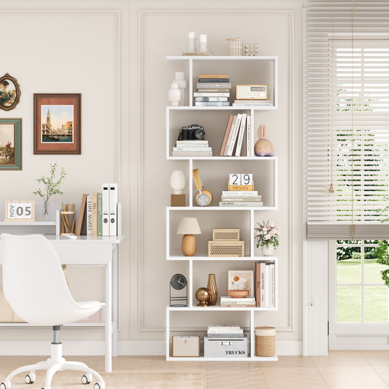 Hermoth 75'' H X 27.6'' W Tall Geometric Bookcase,6-Tier Storage Shelf, Contemporary Display Shelf, 1, White