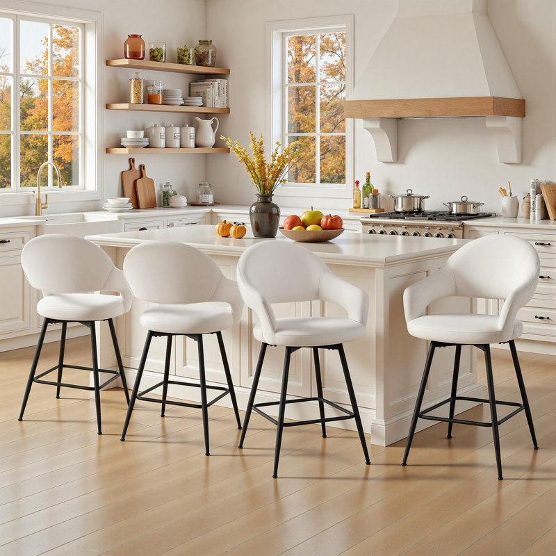 26" Swivel Upholstered Counter Stool with Metal Frame (Set of 2), 2, White