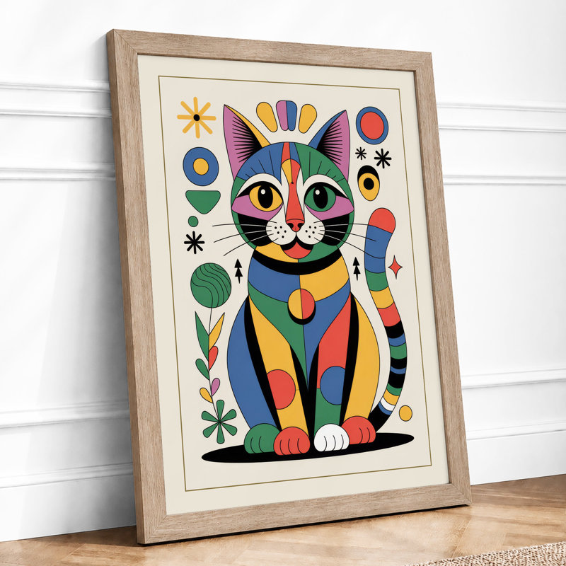 Geometric Feline Folk Retro - Framed Print, Oak, A4 - 29.7 x 21.0 cm