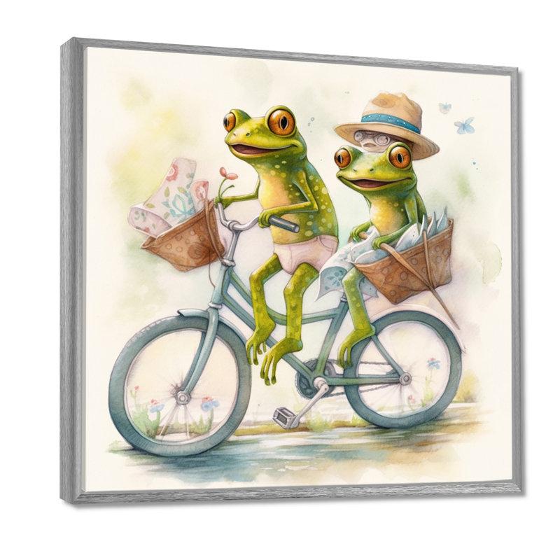 Grenouilles vertes chevauchant un vélo, H 36 po x l 36 po, Cadre argenté flottant