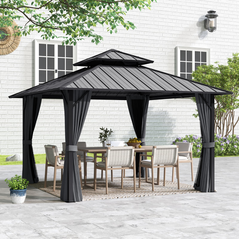 Double Roof Hardtop Metal Patio Gazebo with Curtains and Netting, Gray, Gray, 77.4"H x 122.4"W x 122.4"D