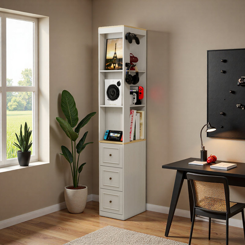 73" Tall Slim Storage Cabinet, 3-Tier Media Storage Cabinet With 3 Drawers And 2 Hooks, Bookcase Display Storage Shelves, Cube CD, DVD, Game Console Storage Cabinet