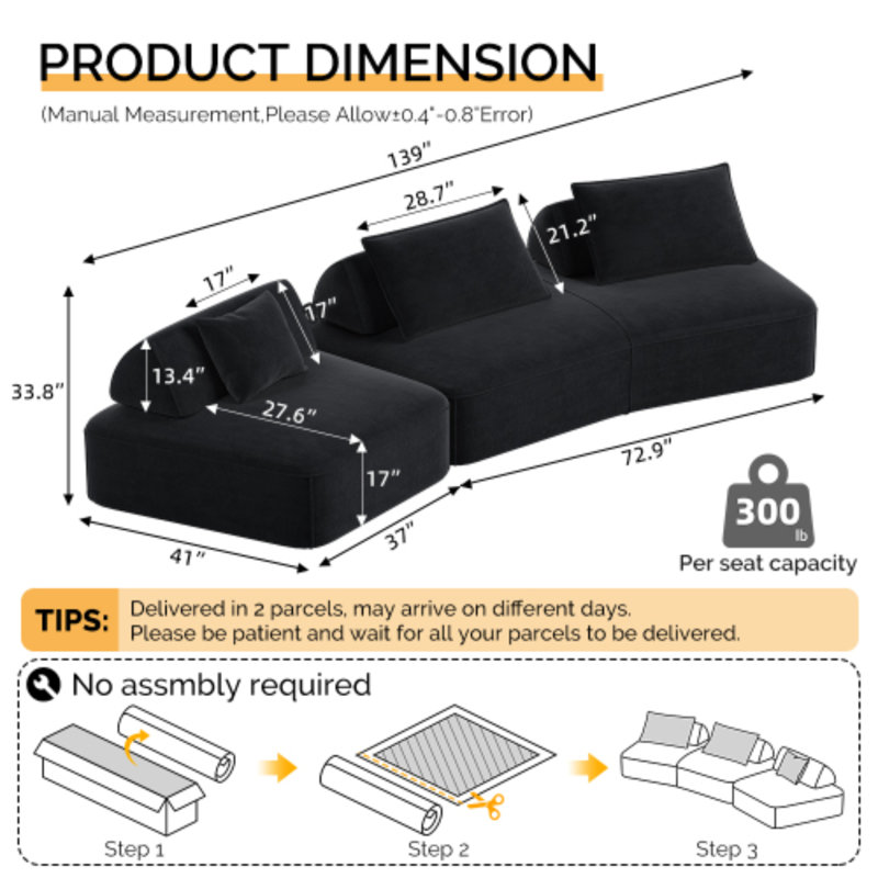 Boneless Modern Oversized Modular Sectional Sofa Set, Black