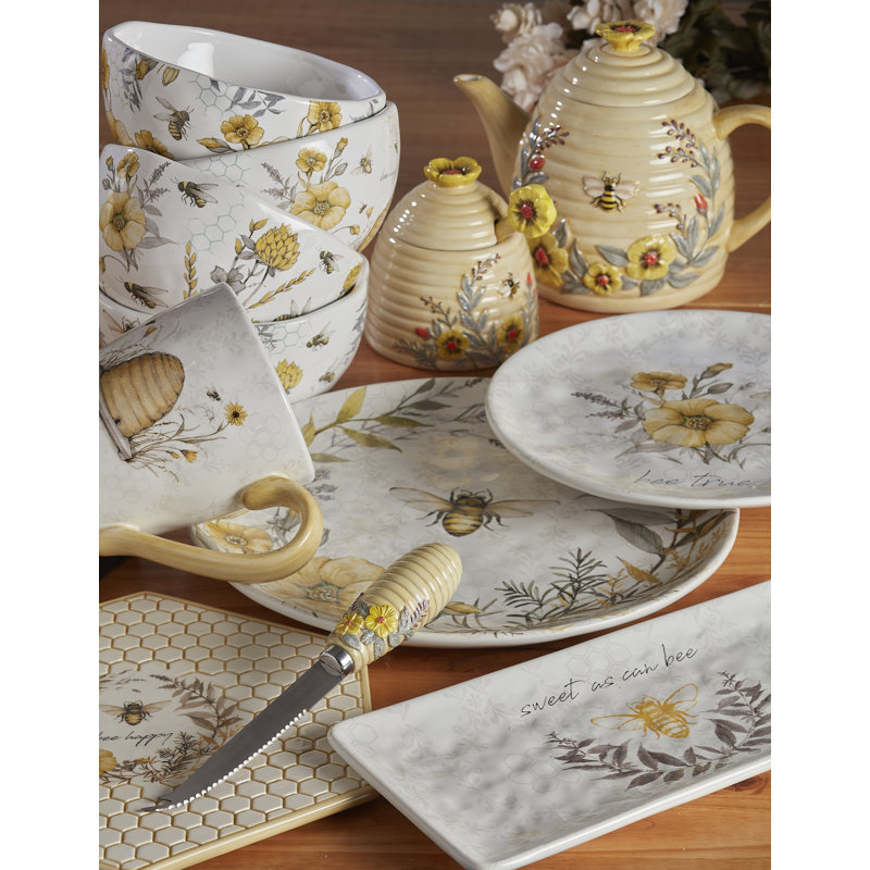 Bee Sweet White Ceramic Floral Print Mug Set of Four