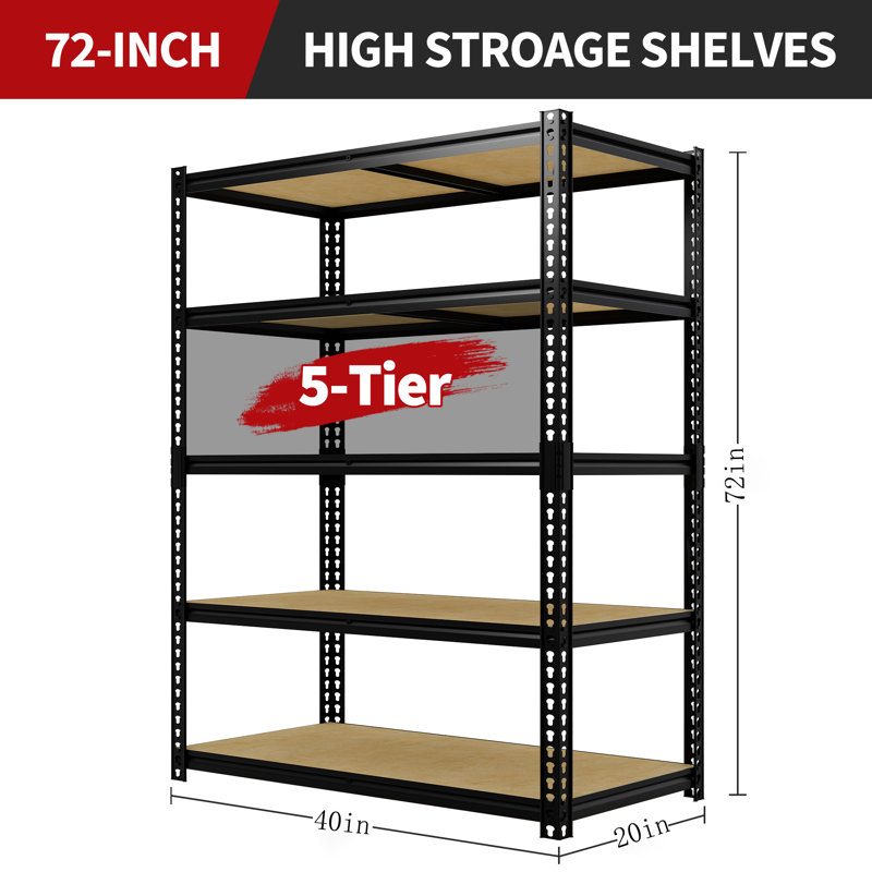 Étagère de garage robuste de 72 po de hauteur, support de rangement réglable en métal à 5 niveaux, capacité de 2 500 lb, l 40 po x P 20 po