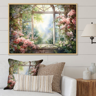 Pink Blossoming Country Window Gaze II - Floral Window Wall Art