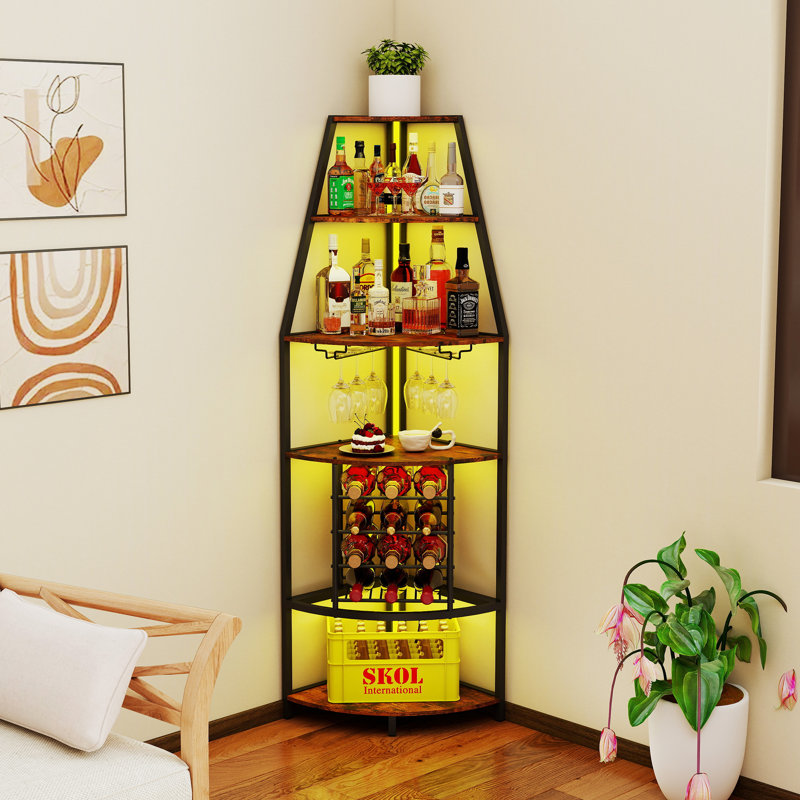 67.1"H Open Display Corner Bar Cabinet with Wine Storage,6 Tier Corner Shelf with Colorful LED Light,Remote control