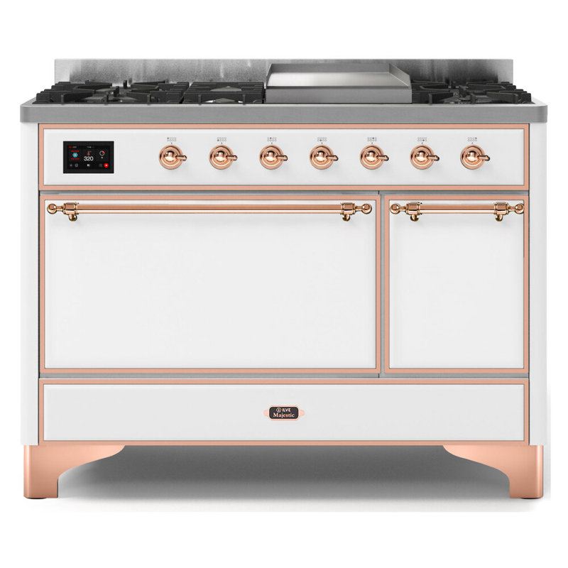 ILVE Majestic II Series 48 inch Dual Fuel Range with 8 Sealed Burners, Griddle (Solid Door), Natural Gas, White/Copper