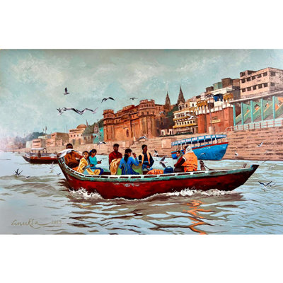 Kashti on Varanasi River Bank Acrylic on Canvas | Contemporary Indian Landscape Wall Art by Anukta Mukherjee Ghosh