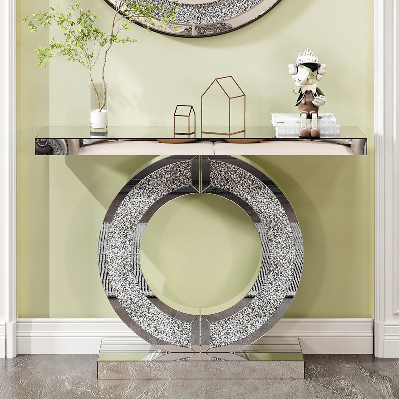 O Shaped Mirror Console Table with Crystal Hallway Entry Home Décor, Handicrafts Mirror Table for Living Room,Mirror Glass Table for Room