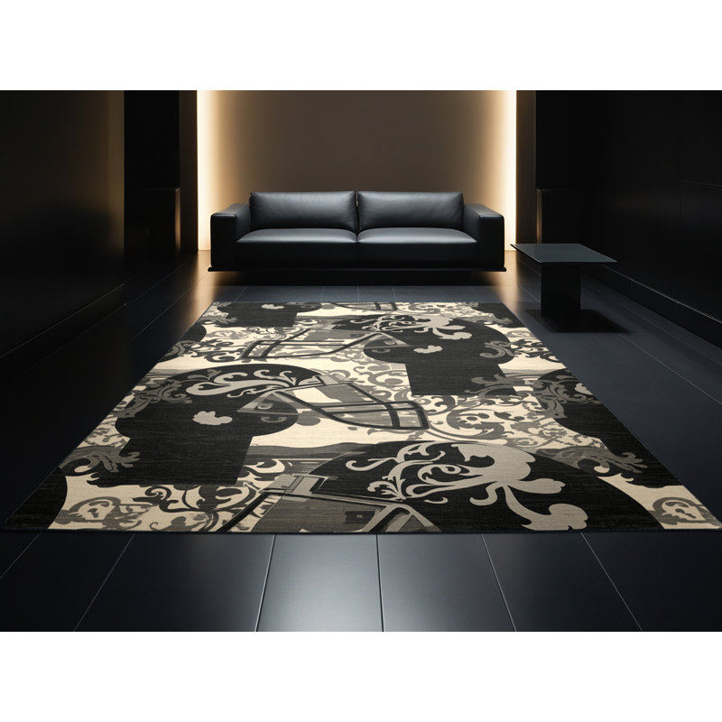 Tapis damassé classique en gris - noir lavable à la machine Medford, 7x10