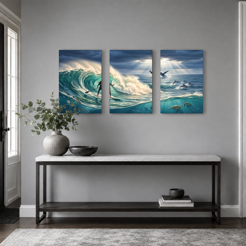 «Paddleboarder on Turquoise Wave», ensemble de 3 toiles, H 36 po x l 24 po x 3 pièces