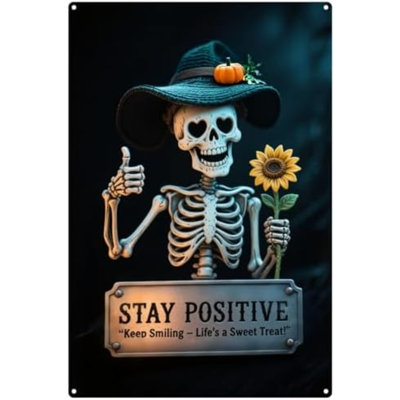 Vintage Stay Positive Sign, Vintage Metal Tin Sign - 8X12in Halloween Skull Decor Retro Wall Art Indoor Outdoor For Living Room Bedroom Office Bar Garage Man Cave Decor Ideal Gift For Housewarming Birthday