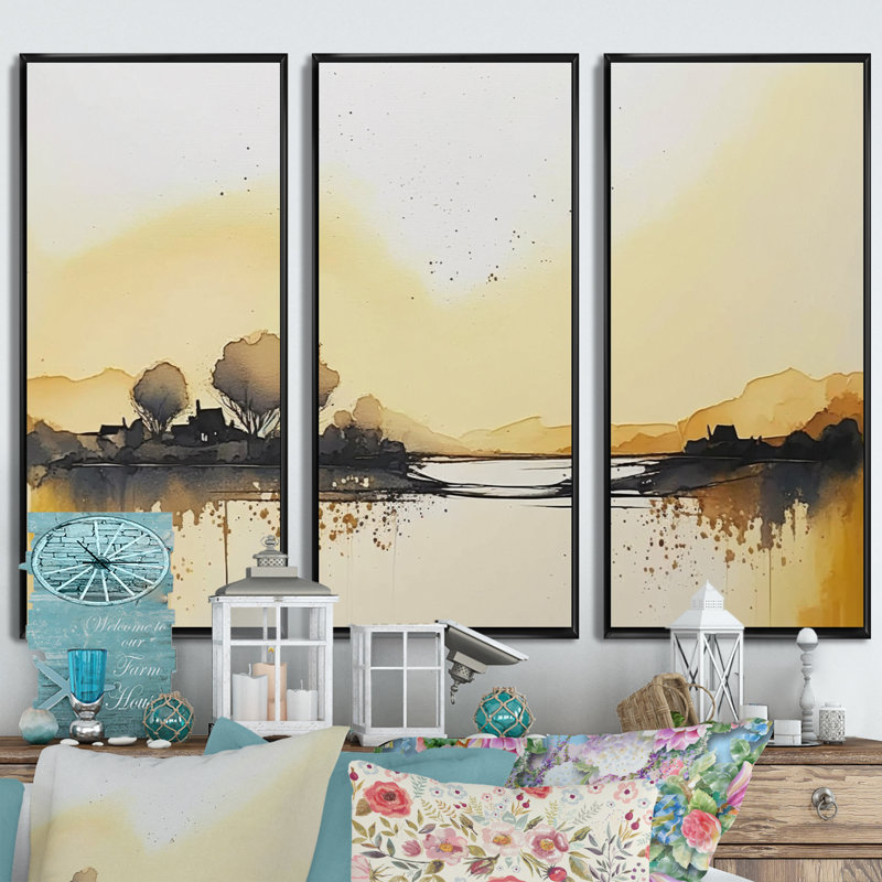 Countryroad Pendant Golden Hour I - 3 pièces sur toile, H 28 po x l 36 po x P 1 po, Toile encadrée noire