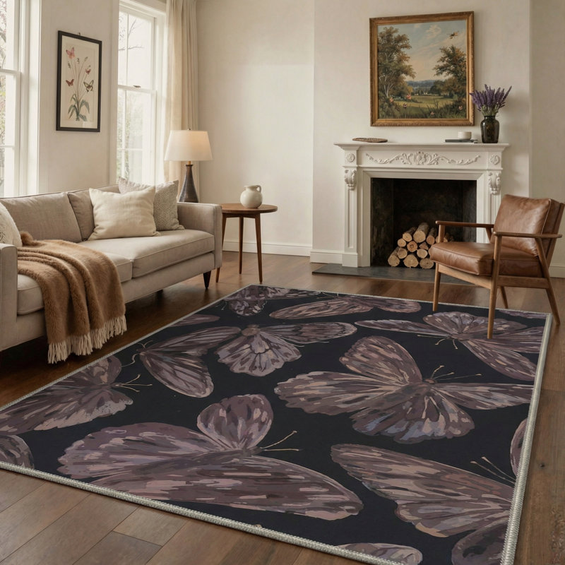 Tapis mauve / noir lavable à la machine Aura, Rond 5 pi