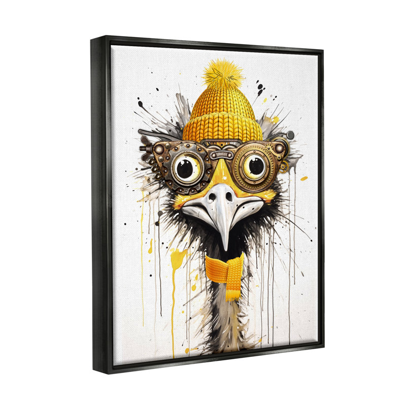 Emu Steampunk jaune, Cadre flottant noir de jais, H 21 po x l 17 po x P 1,7 po