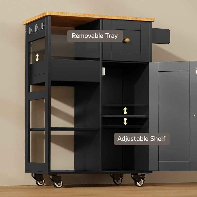 23.6*34.6*15.4 Kitchen Island Kitchen Cart With Three Shelves, One Drawer And One Cabinet, With Universal Pulleys, Equipped With Towel Rack And Side Hooks