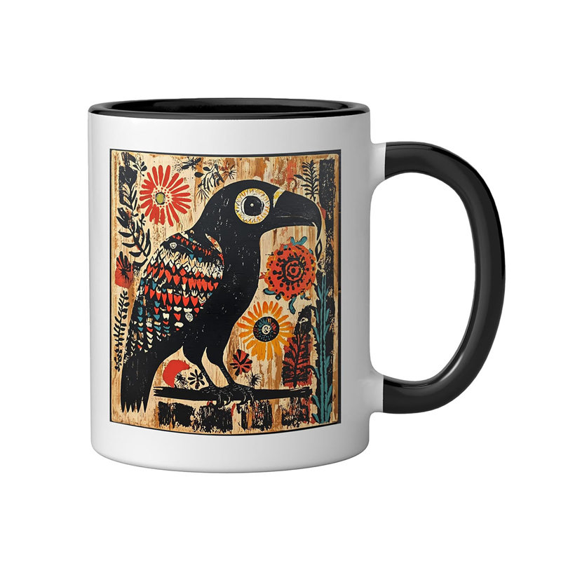 Raven With Flowers Ceramic Mug, Black/White, 11oz