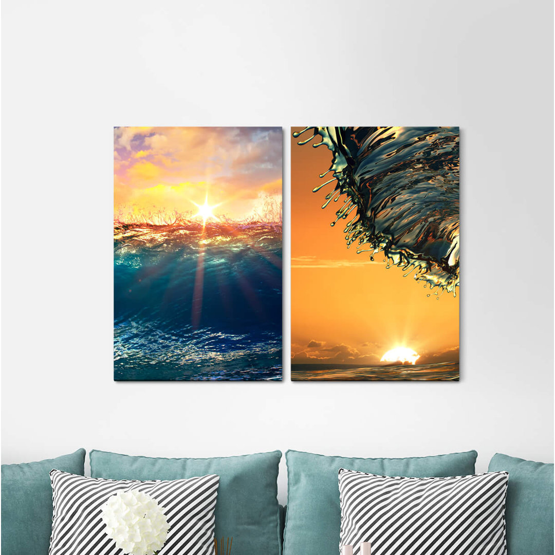 2-tlg. Leinwandbilder-Set - Grafikdruck „Water Sunrays Perfect Wave Surfing Sea Dusk Twilight”