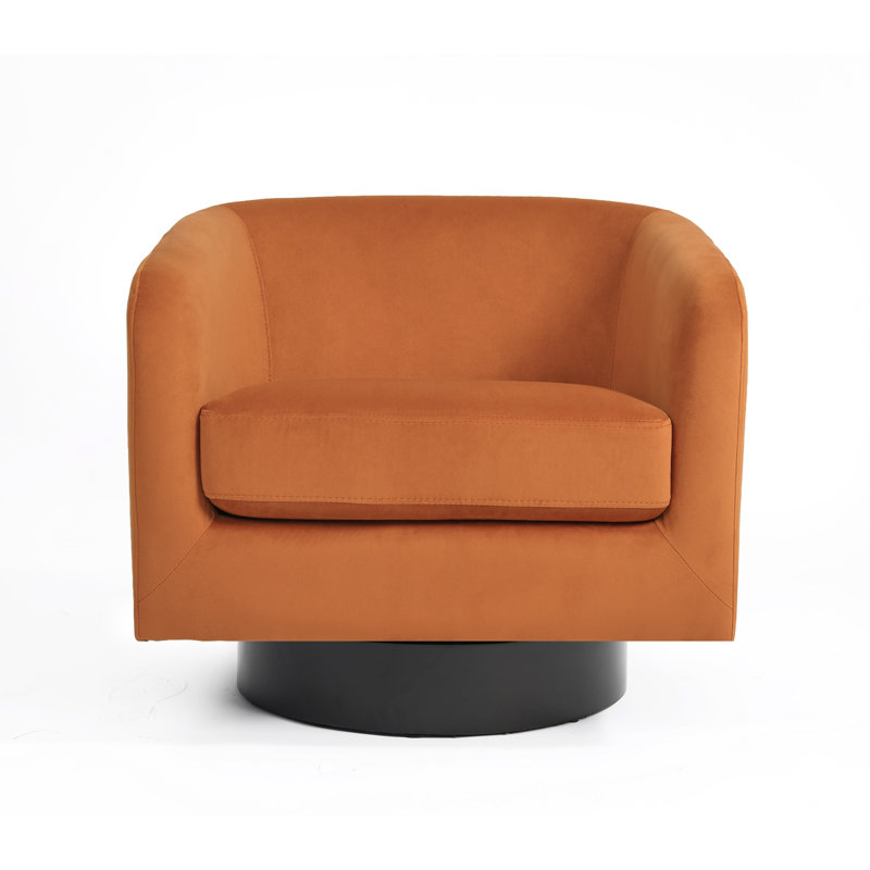 Fauteuil demi-tonneau pivotant en velours orange avec base en bois massif Eugenie Applewold, Orange