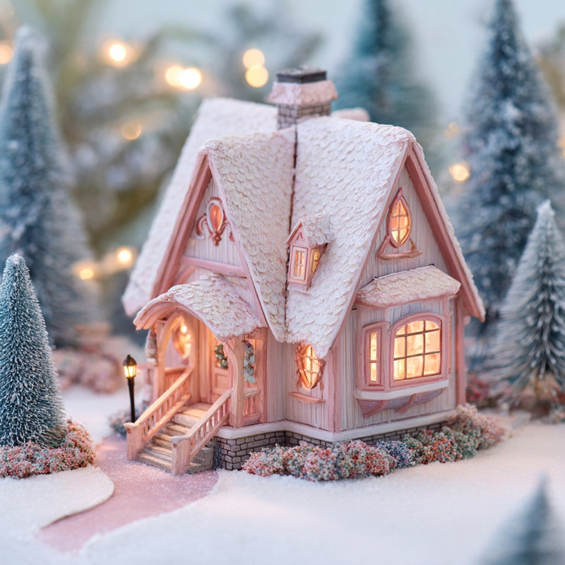 «Pink Winter Cottage III», art mural sur toile tendue, H 12 po x l 12 po