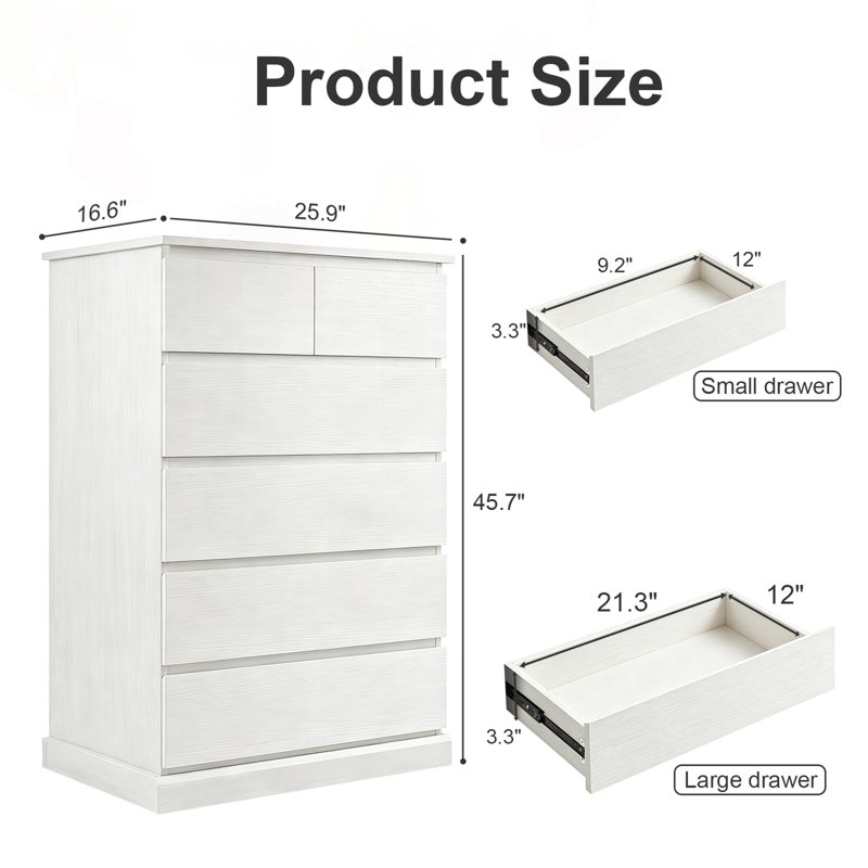 6-Drawer Tall Dresser with Concealed Handles, White