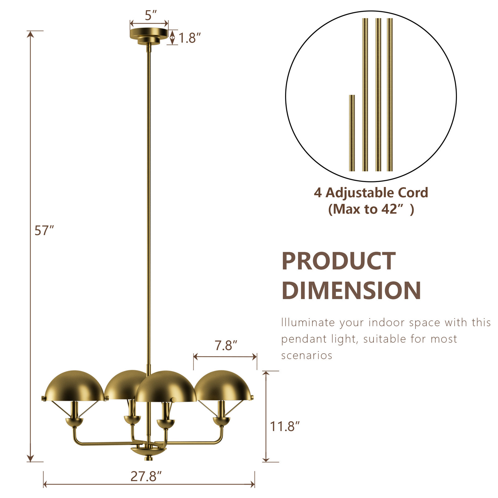 Iron 4-Light Chandelier, Antique Brass Finish/Antique Brass Metal Shade