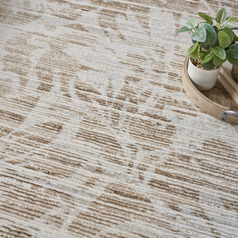 Ivory and Nude Floral Stripe Synthetic Area Rug 5' x 7'