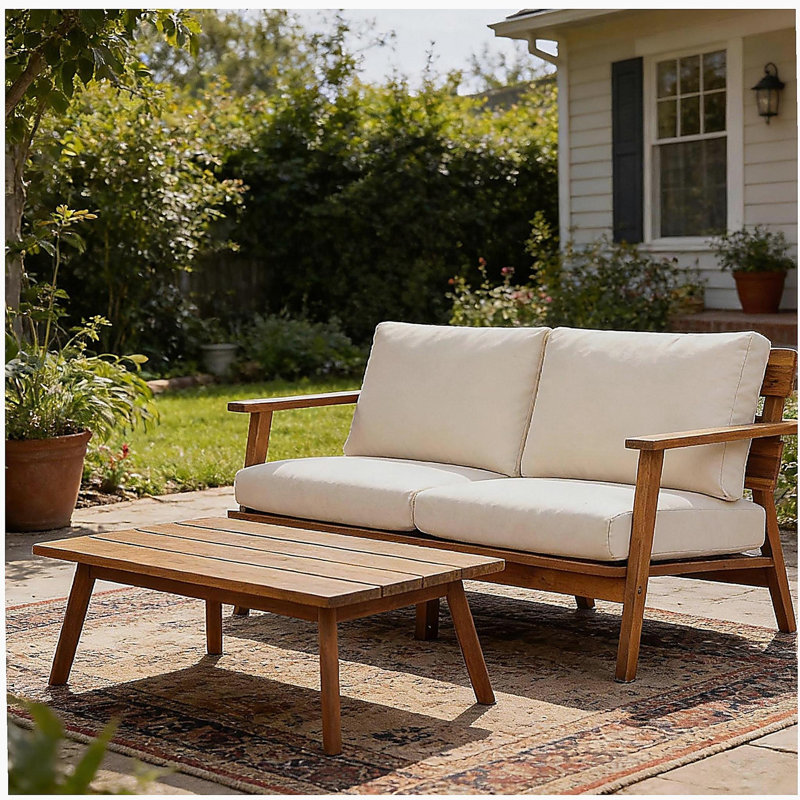 2-Piece Mid-Century Modern Patio Set, Acacia Wood Loveseat & Slatted Coffee Table with Weather-Resistant Cushions