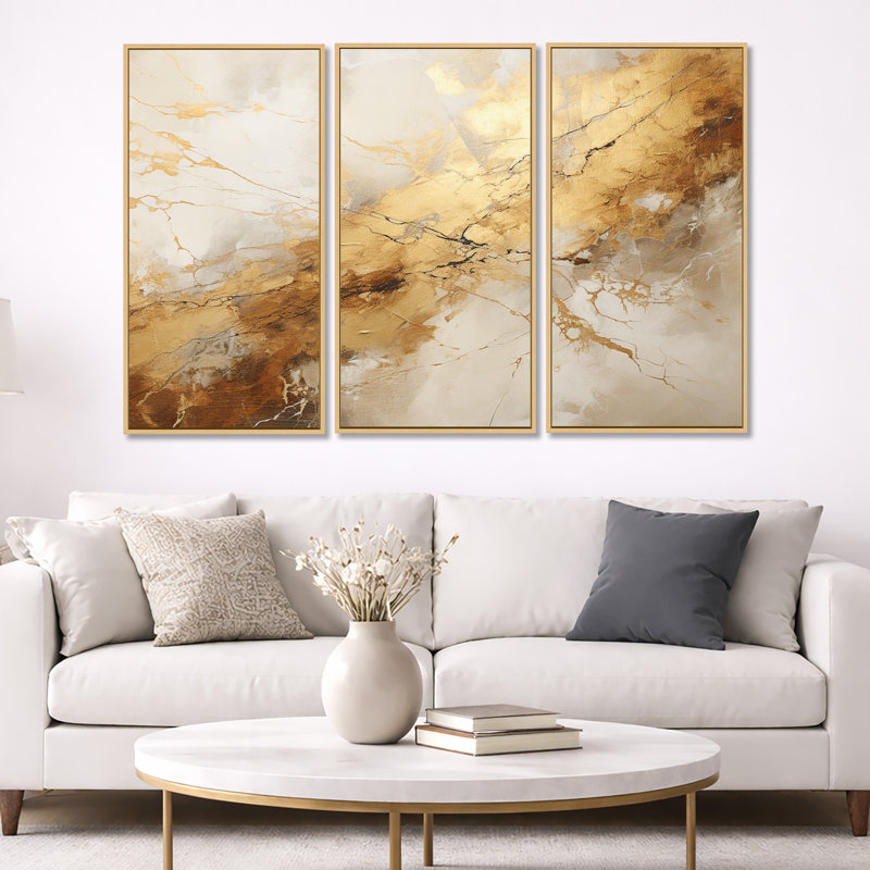 «Beige and Gold Marble Lightning I», ensemble d'art mural sur toile à formes abstraites, H 40 po x l 60 po x P 1 po