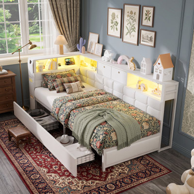 4Ft6 Double Daybed with 2 Drawers, Upholstered Sofa Bed 140 x 200 with LED and Charging-Station, L-Shaped Design Bed Frame, White(No Mattress, European plug)