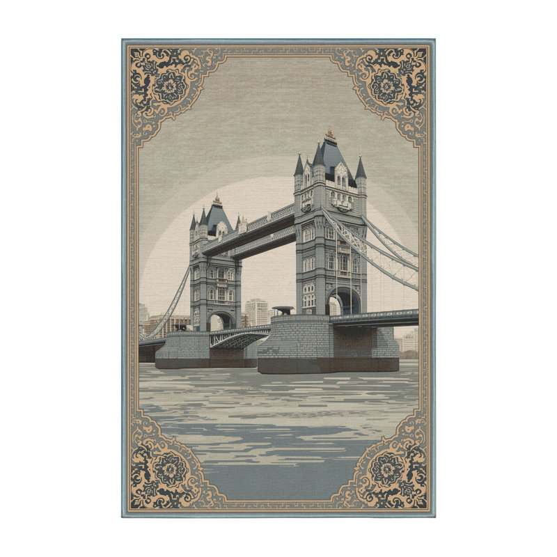 Machine Washable Paitlyn London Tower Bridge Traditional Oriental Rug in Beige – SkyBlue Binding, 7x10